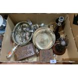 A quantity of wood, metalware, cutlery etc.