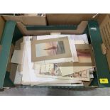 A box of unframed watercolours and prints