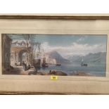 A framed lithograph. European lake scene. 9¼' x 23½'