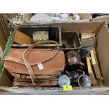 A box of metalware and sundries