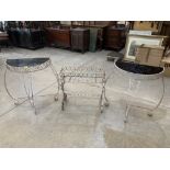 A pair of wrought iron demi-lune console tables and a plant stand (3)