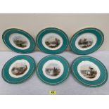 Six Victorian dessert plates, each painted with a landscape within a turquoise jewelled border. 9'