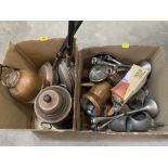 Two boxes of sundry metalware