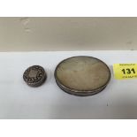 A silver rouge pot and an oval mother-of-pearl and white metal box, 2½' wide