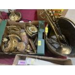 A box of miscellaneous brassware, coal bucket and irons