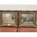 A pair of framed watercolours signed Roberts and a pair of lithographs after Hubert Coop