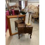 A cantilever workbox, a brass table lamp and a pine framed mirror (3)