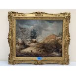 19TH CENTURY SCHOOL Winter landscape. Oil on patched canvas. 13' x 16'