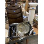 A box of metalware; and oak magazine rack and a pedestal