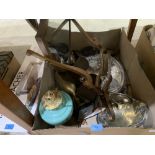 A box of metalware and sundries together with a fish poacher