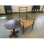 A ladderback elbow chair with rush seat and an oak occasional table (2)