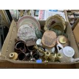 A box of ceramics, glass and metalware