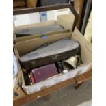 A box of ,etalware and sundries and a box of pictures