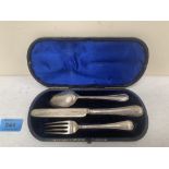 A morocco cased Victorian silver three piece Christening set of fork, knife and spoon. London