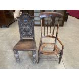 A Victorian oak ball chair in 17th century style, together with a Victorian spindle back elbow chair