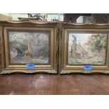 A pair of framed watercolours signed Roberts and a pair of lithographs after Hubert Coop