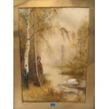 FRED HINES. BRITISH 1875-1928 Lady by a lake with a swan. Signed. Watercolour 22' x 15½'