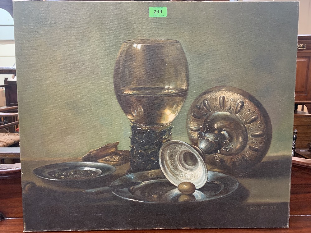 20TH CENTURY SCHOOL Still life of hock glass and tazza. Oil on canvas 20' x 24'. Unframed