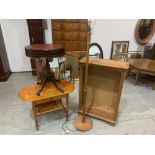 A pine open bookcase, 1970s lamp standard and two small tables (4)