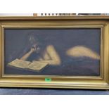 20th CENTURY SCHOOL A female nude reading. Oil on canvas 12' x 24'