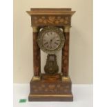 A French rosewood and marquetry portico mantle clock, the drum movement rack striking on a bell, the