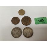 Two Victorian Florins and three George VI coins - 1d; ½d; 3d