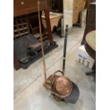 A copper coal scuttle, warming pan and a coaching horn (3)