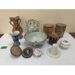 A pair of alabaster beakers, a Staffordshire spill holder, a Linthorpe pottery mug, a Chinese
