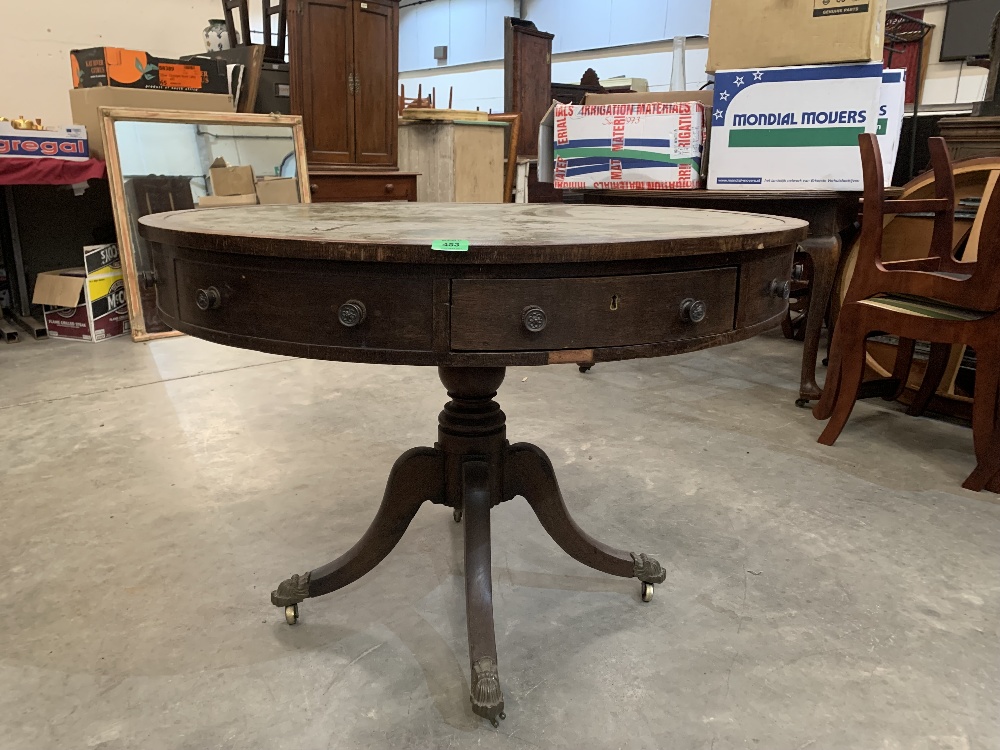 A Regency oak drum table, the leather inlet top over two real and six faux drawers, one stamped - Image 2 of 2