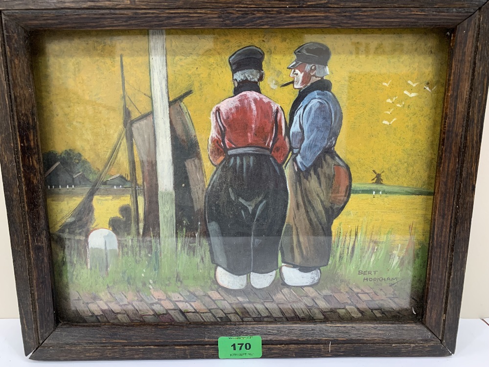 BERT HOOKHAM. BRITISH 20TH CENTURY A Dutch scene with two figures. Signed. Mixed media. 10' x 13'