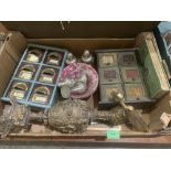 Two boxes of metalware and sundries