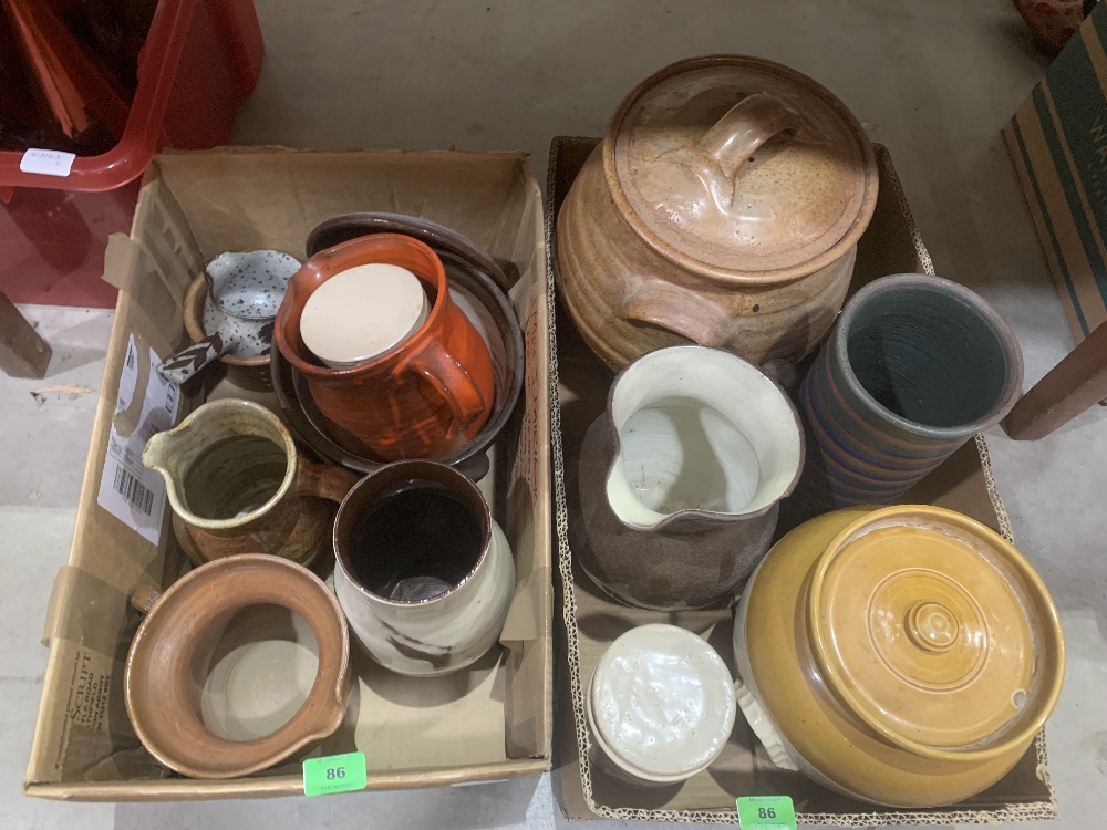 Two boxes of pottery jars, jugs etc.