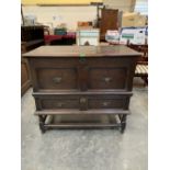 A late 17th century joined oak dower chest, the moulded top over two fielded false drawers and a