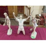 Three Lladro bisque porcelain tennis figures. 14½'; 12'; 11' high