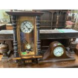 A Vienna style wall clock and a mahogany line inlaid mantle clock