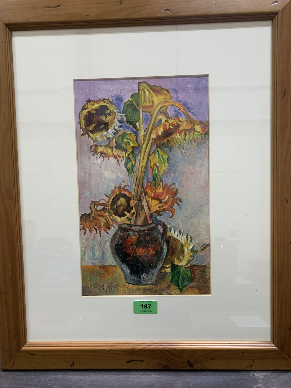 J. FERSHIK. CZECHOSLOVAKIAN 20TH CENTURY Sunflowers in a jug. Signed. Oil on board 13½' x 8'