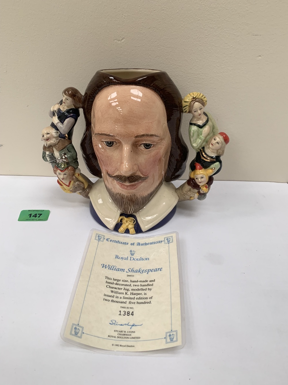 A Royal Doulton William Shakespeare character jug with certificate. Ltd. edition no 1385/2500. 7'