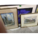 A framed print and two watercolour drawings
