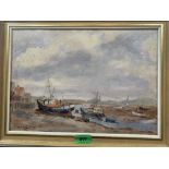 JEFF DE BANKS. BRITISH 20TH CENTURY Estuary scene with fishing boats. Signed and dated '76. Oil on