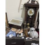 Two boxes of china, a Vienna clock and a vintage wireless