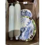 Two Victorian milchglass rolling pins and four plates