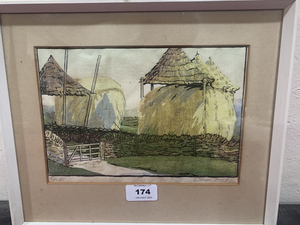 E. OWEN JONES. BRITISH 20TH CENTURY Haystacks. Signed. Coloured woodcut 6' x 9'