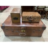 A cabin trunk; a wicker case and a treen box. (3)