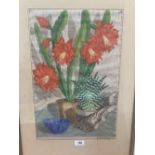 A coloured woodcut after Martin Kleurenhoutsnede, Philocactus. Signed. 18½' x 12'