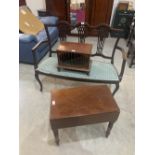 An Edward VII mahogany salon sofa; a 19th century bidet stool and a speaker cabinet. (3)