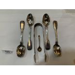 A Victorian silver sugar bow and four silver teaspoons, London 1841; the lot to include a silver