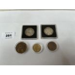 Two Victorian Florins and three George VI coins - 1d; ½d; 3d