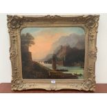 CONTINENTAL SCHOOL. 18TH CENTURY River landscape with castle figures and boats. Oil on lined