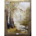 FRED HINES. BRITISH 1875-1928 Lady by a lake with a swan. Signed. Watercolour 22' x 15½'