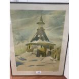 A Russian lithograph of a church. Signed. 19' x 15'